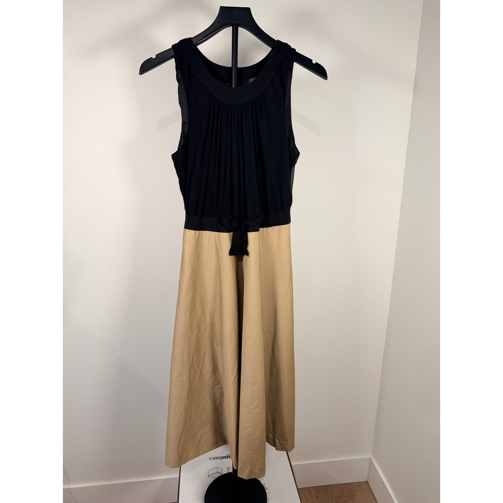 Taylor Silk Top Colorblock Midi Dress Black Tan Sleeveless Bow Waist Size 12